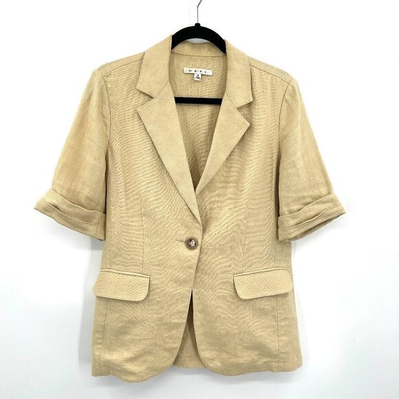 CABI Women's Vintage 100% Linen Khaki Tan Half Sleeve Blazer Jacket Size Medium - Picture 1 of 8